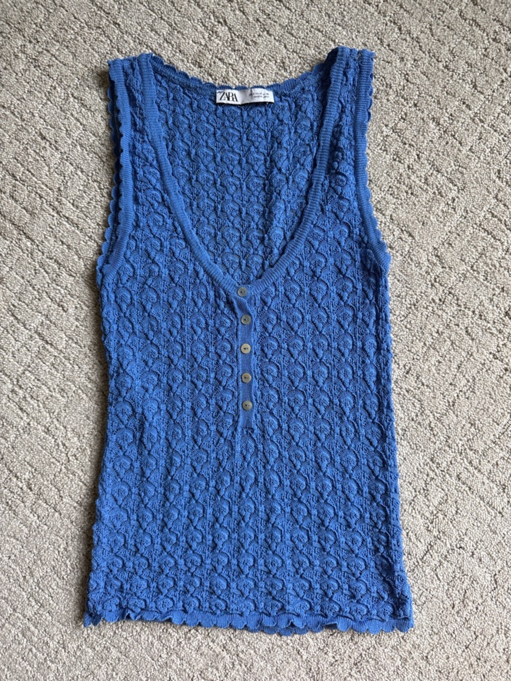 Zara Royal Blue Crochet Knit Camisole with Button Placket